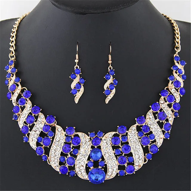 1 Set Women's Girl Gold Color Rhinestone Crystal Chain Necklace Choker Statement Dangle Drop Earrings Jewelry Set collier Party