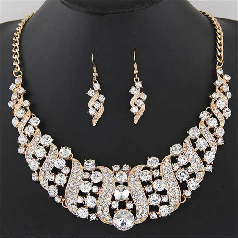 1 Set Women's Girl Gold Color Rhinestone Crystal Chain Necklace Choker Statement Dangle Drop Earrings Jewelry Set collier Party