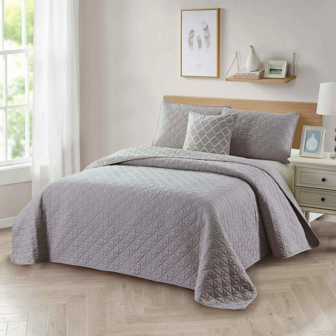 4-Piece: Bibb Home Solid Reversible Quilt Set with Embroidered Cushion