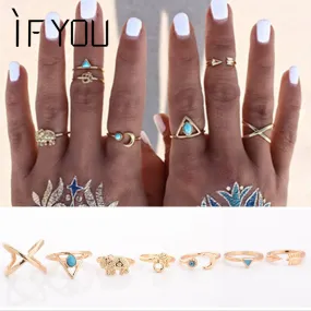 7PCS/LOT Dropship Brand Bohemian Turkish Midi Ring Set Vintage Steampunk Cross Moon Anillos Ring Knuckle Rings for Women Anel