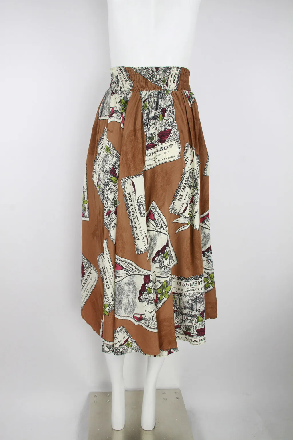 80s coffee coloured midi skirt with French writing – S