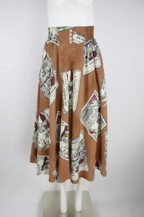 80s coffee coloured midi skirt with French writing – S