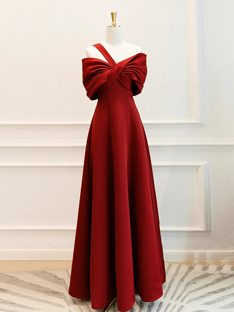 A-Line One Shoulder Satin Burgundy Long Prom Dress, Burgundy Long Formal Dress