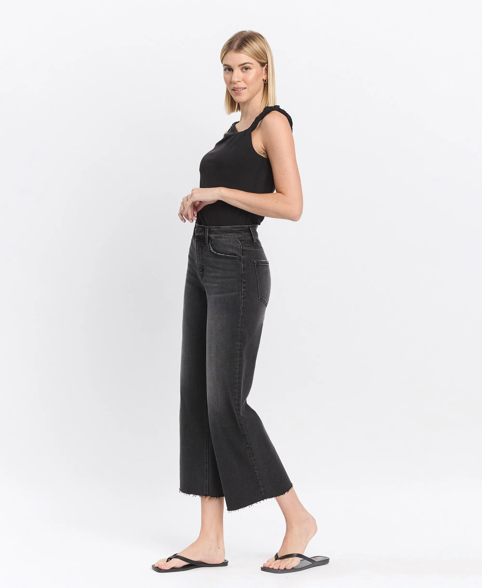 Acerbic - High Rise Clean Cut Raw Hem Crop Wide Leg Jeans