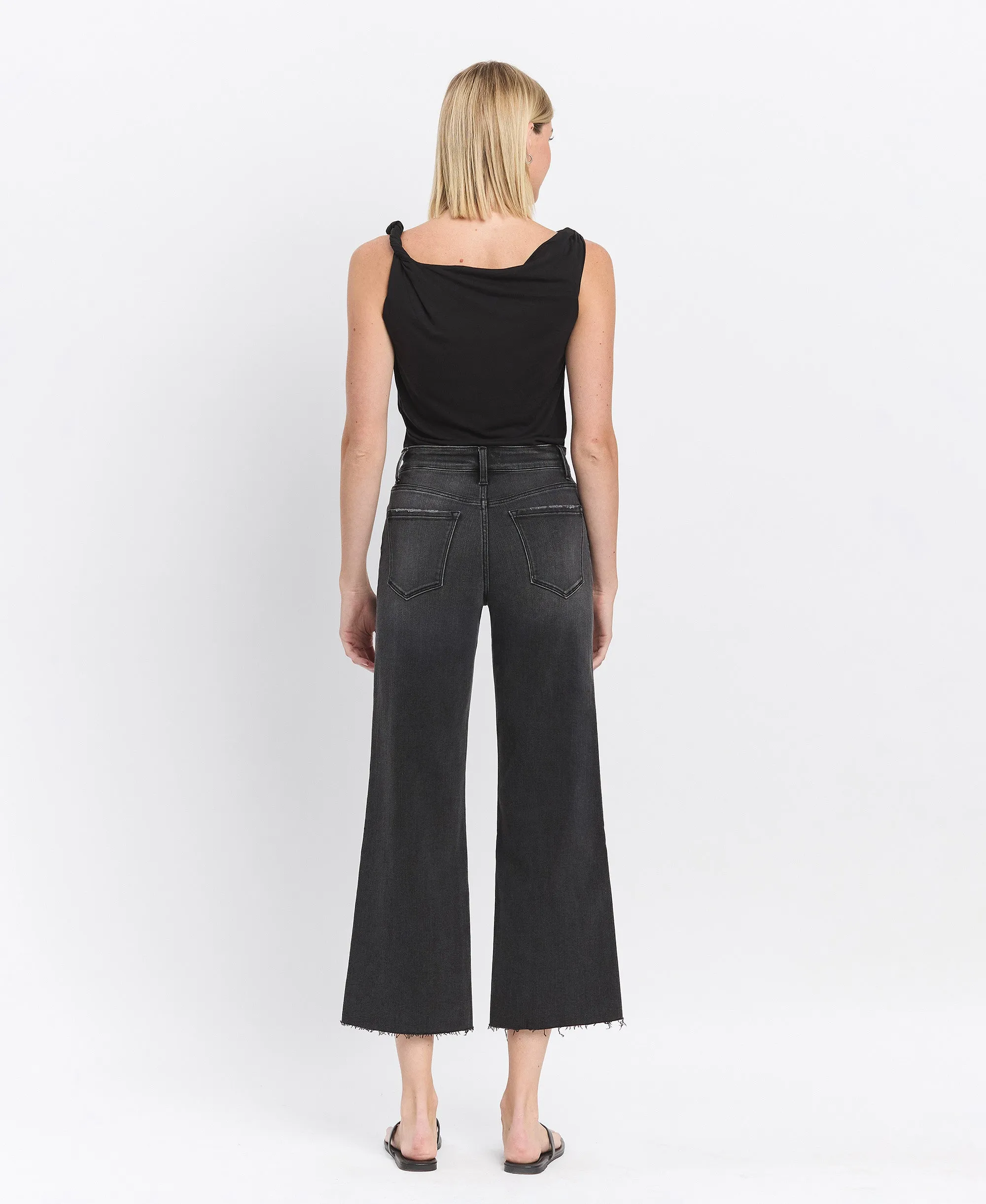 Acerbic - High Rise Clean Cut Raw Hem Crop Wide Leg Jeans