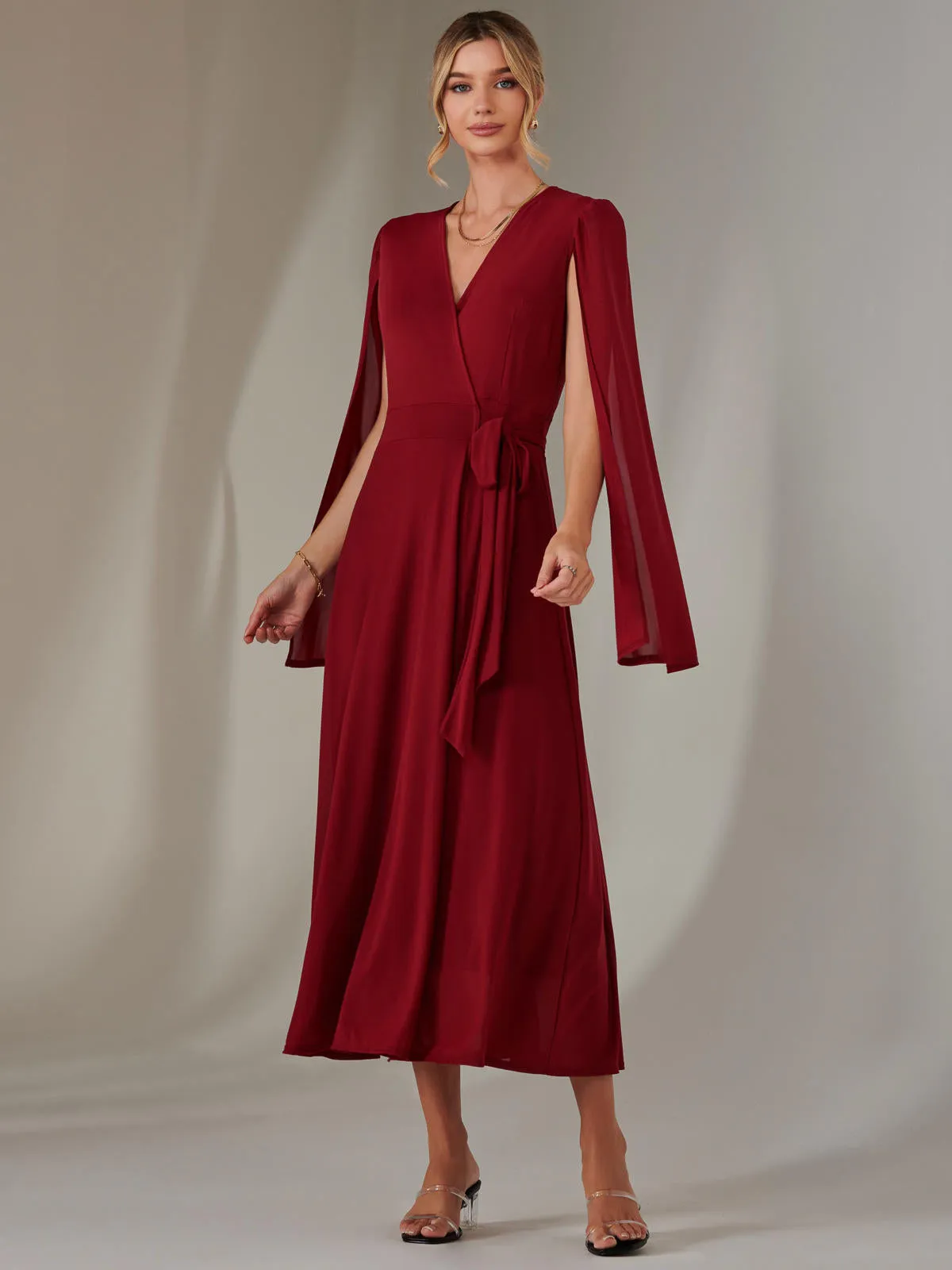 Amira Cape Sleeve Wrapped Maxi Dress, Merlot