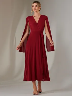 Amira Cape Sleeve Wrapped Maxi Dress, Merlot