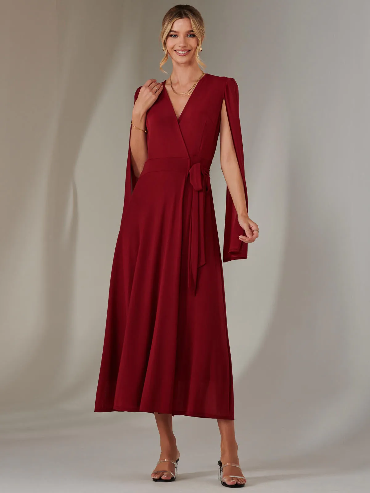 Amira Cape Sleeve Wrapped Maxi Dress, Merlot