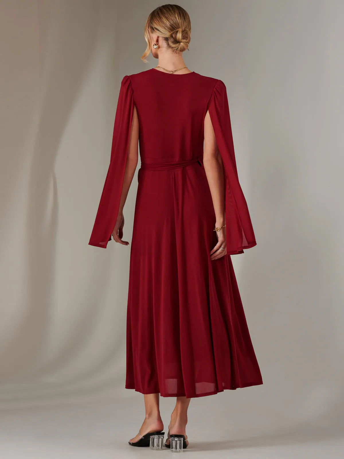 Amira Cape Sleeve Wrapped Maxi Dress, Merlot