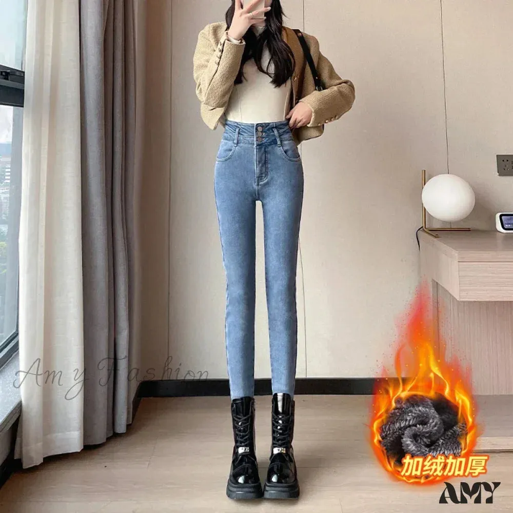 Amy Fashion - Winter Plus Velvet Women Warm Skinny Pencil Pants Thickened High Waist Casual Slim Stretch Denim Trousers Jean