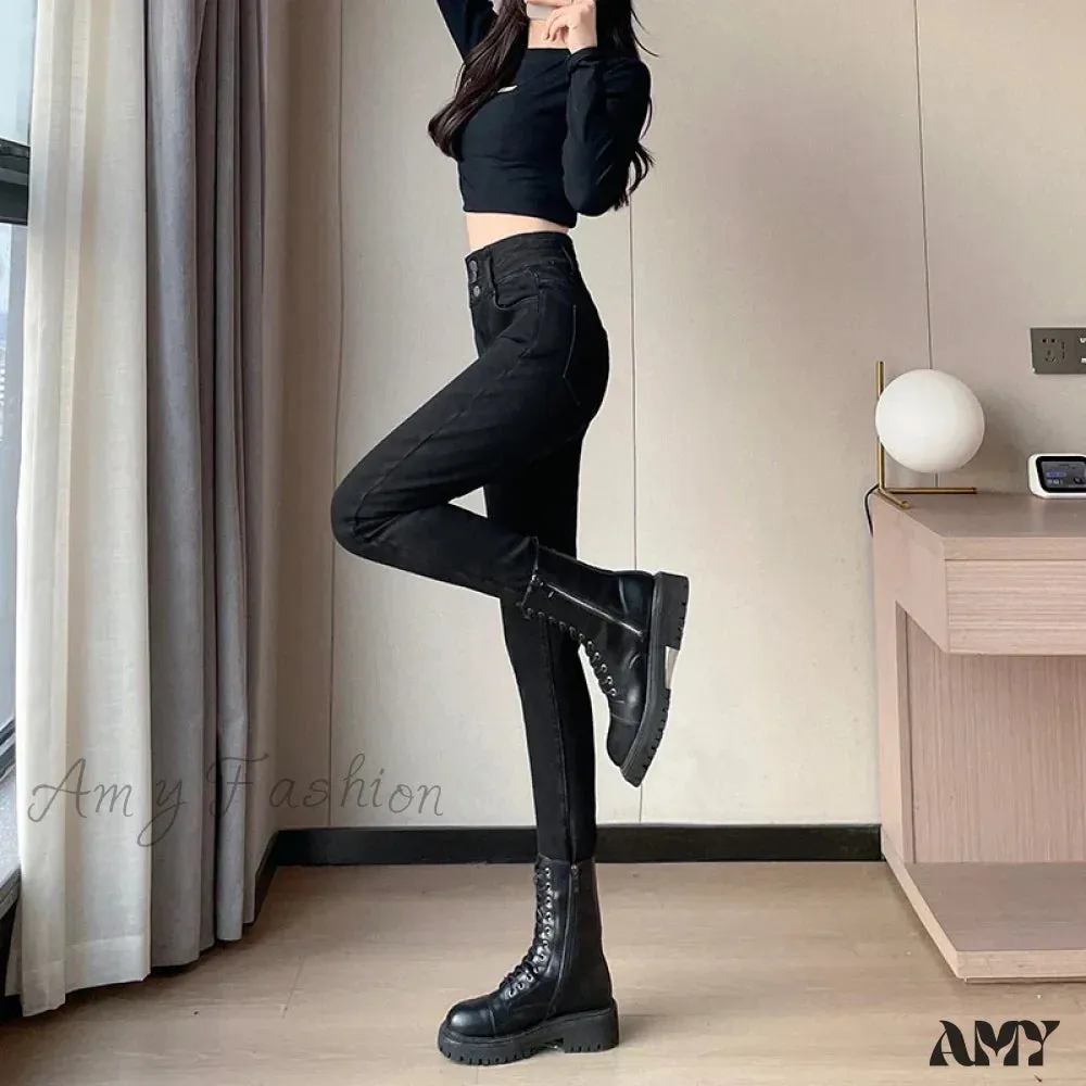 Amy Fashion - Winter Plus Velvet Women Warm Skinny Pencil Pants Thickened High Waist Casual Slim Stretch Denim Trousers Jean