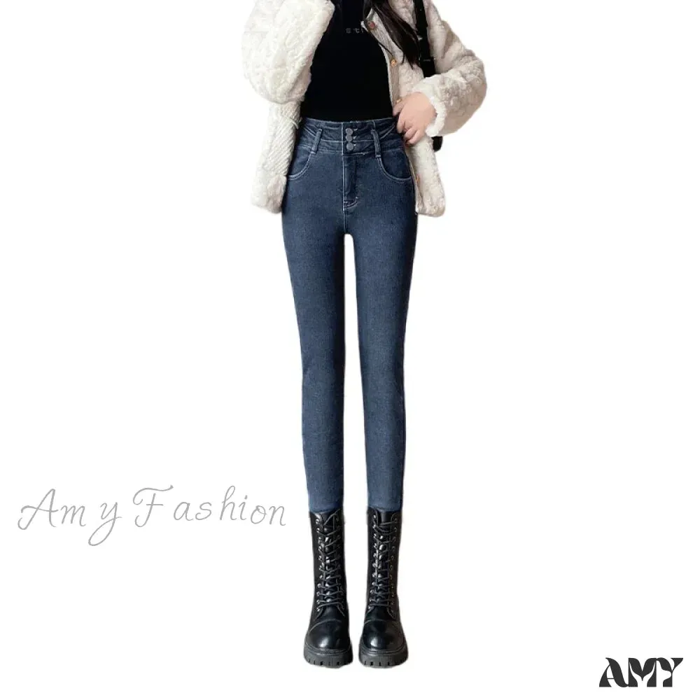 Amy Fashion - Winter Plus Velvet Women Warm Skinny Pencil Pants Thickened High Waist Casual Slim Stretch Denim Trousers Jean