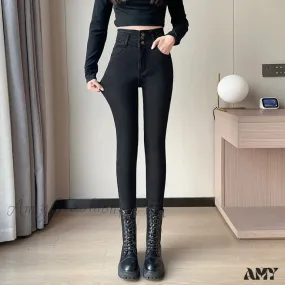 Amy Fashion - Winter Plus Velvet Women Warm Skinny Pencil Pants Thickened High Waist Casual Slim Stretch Denim Trousers Jean