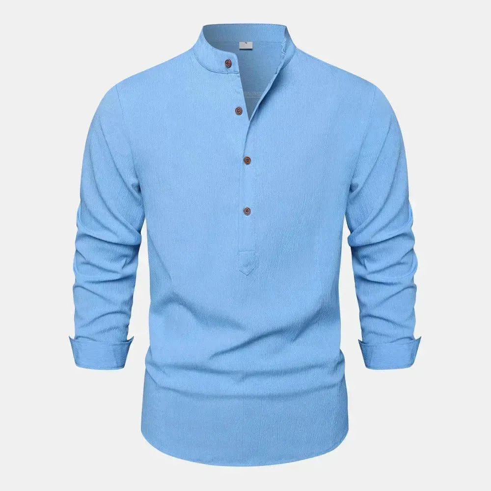 Autumn Solid Color Stand Collar Casual Long Sleeve Cotton And Linen Men's Shirt