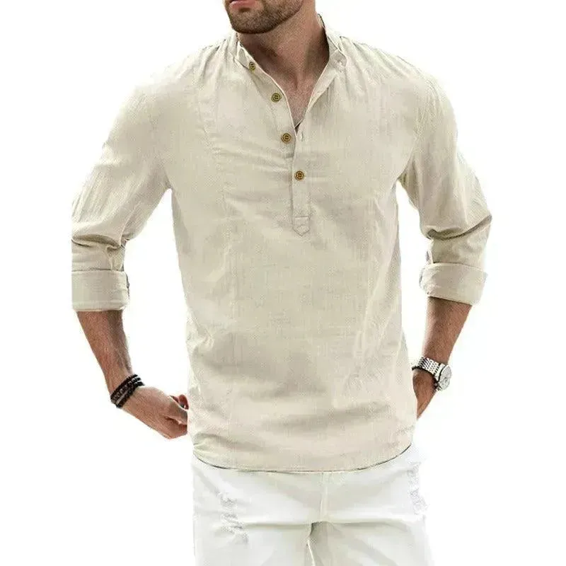 Autumn Solid Color Stand Collar Casual Long Sleeve Cotton And Linen Men's Shirt