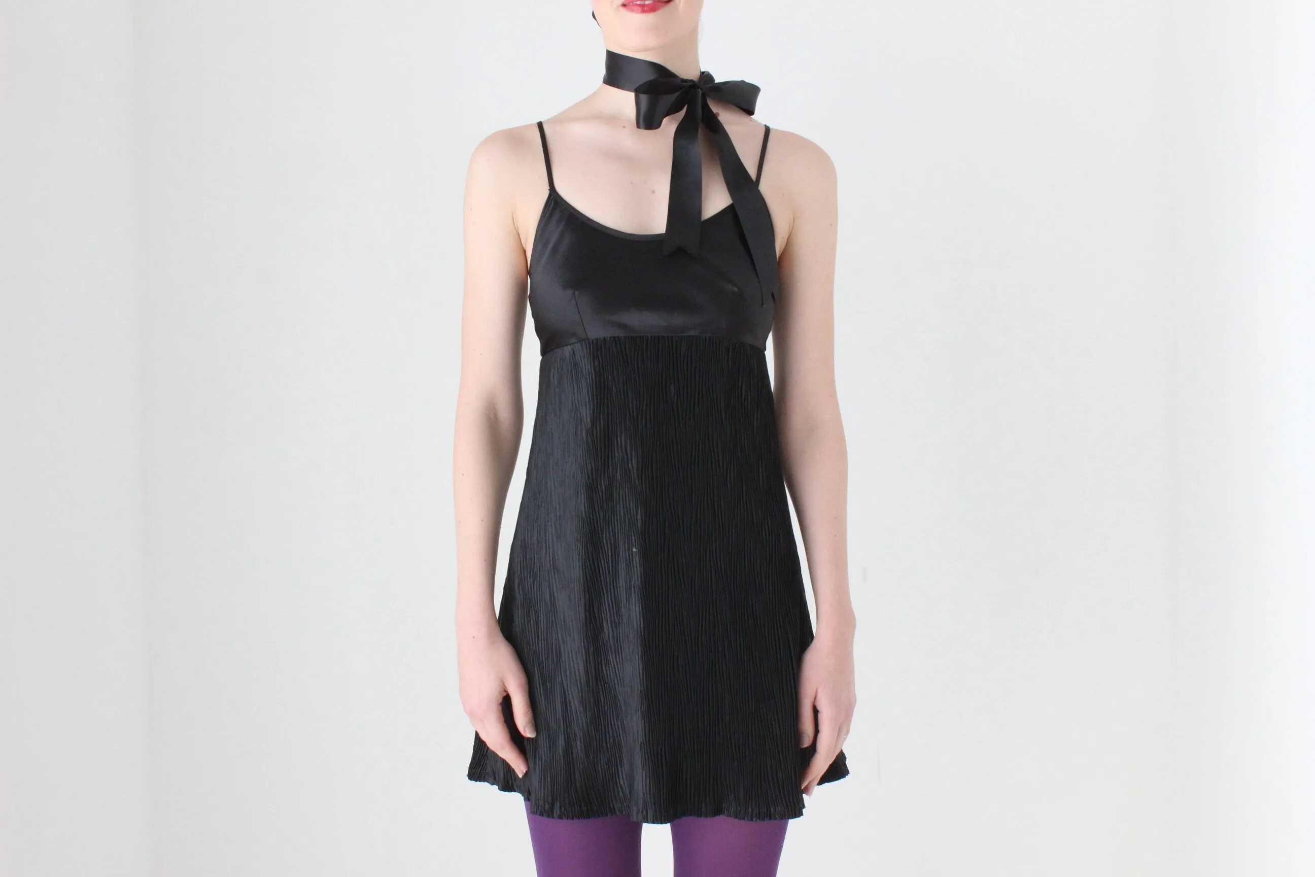 BALLETCORE 90s Black Satin Crinkle Pleat Slip Dress