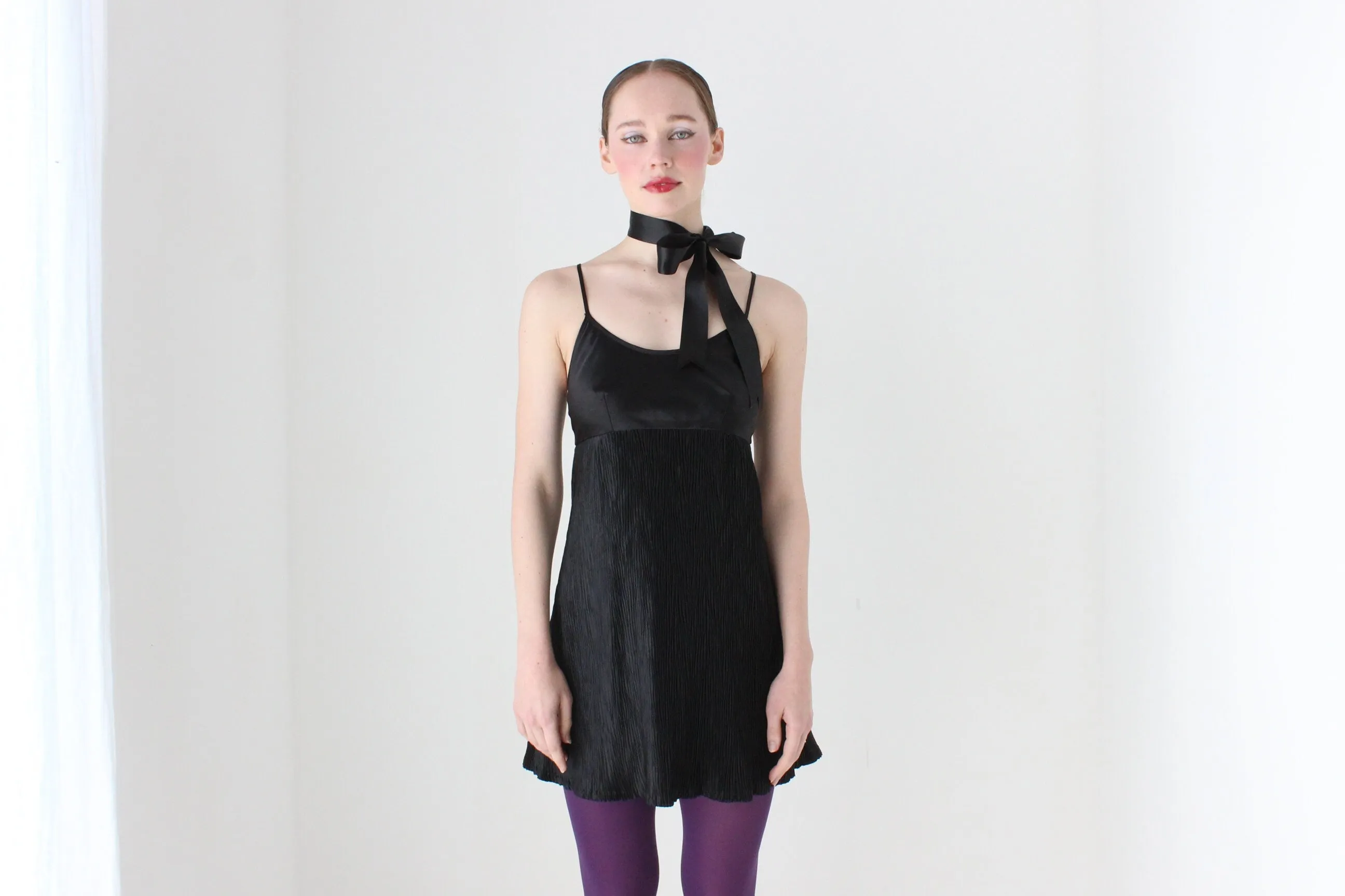 BALLETCORE 90s Black Satin Crinkle Pleat Slip Dress