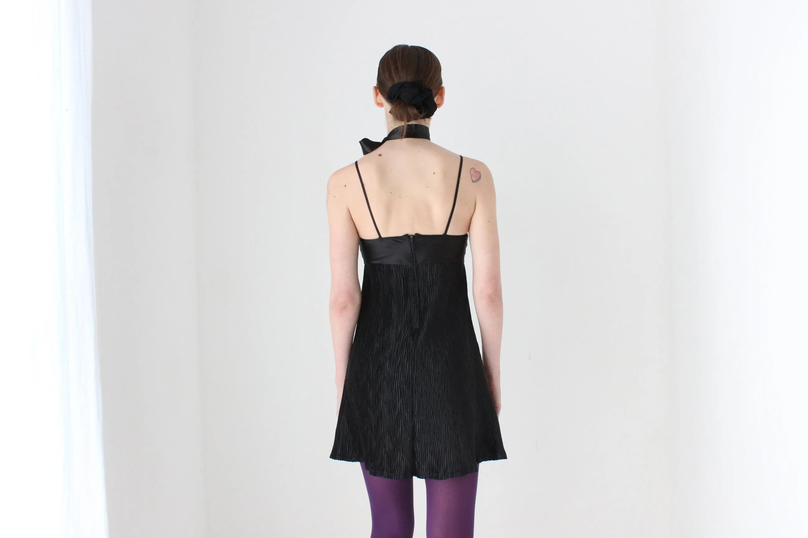 BALLETCORE 90s Black Satin Crinkle Pleat Slip Dress