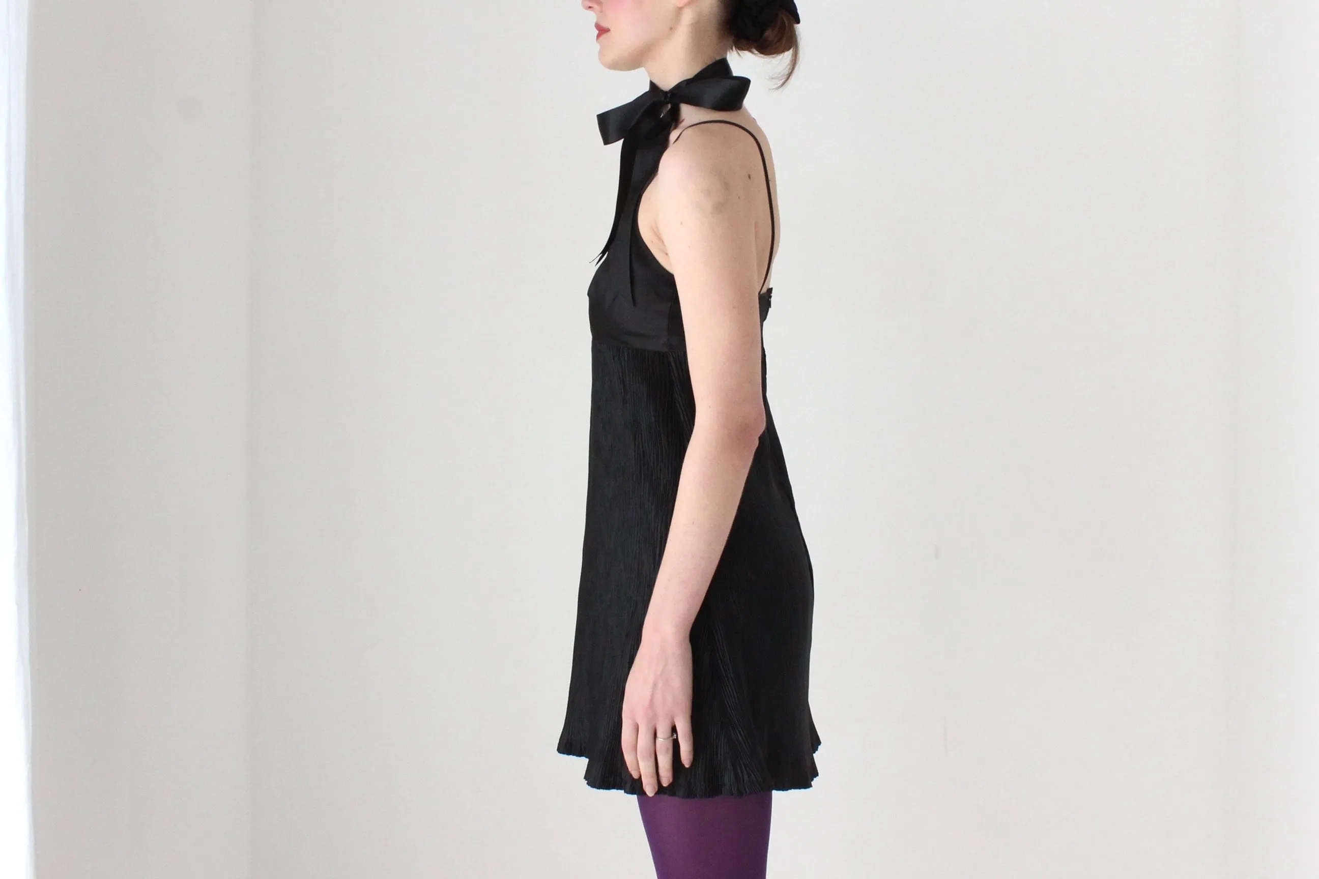 BALLETCORE 90s Black Satin Crinkle Pleat Slip Dress