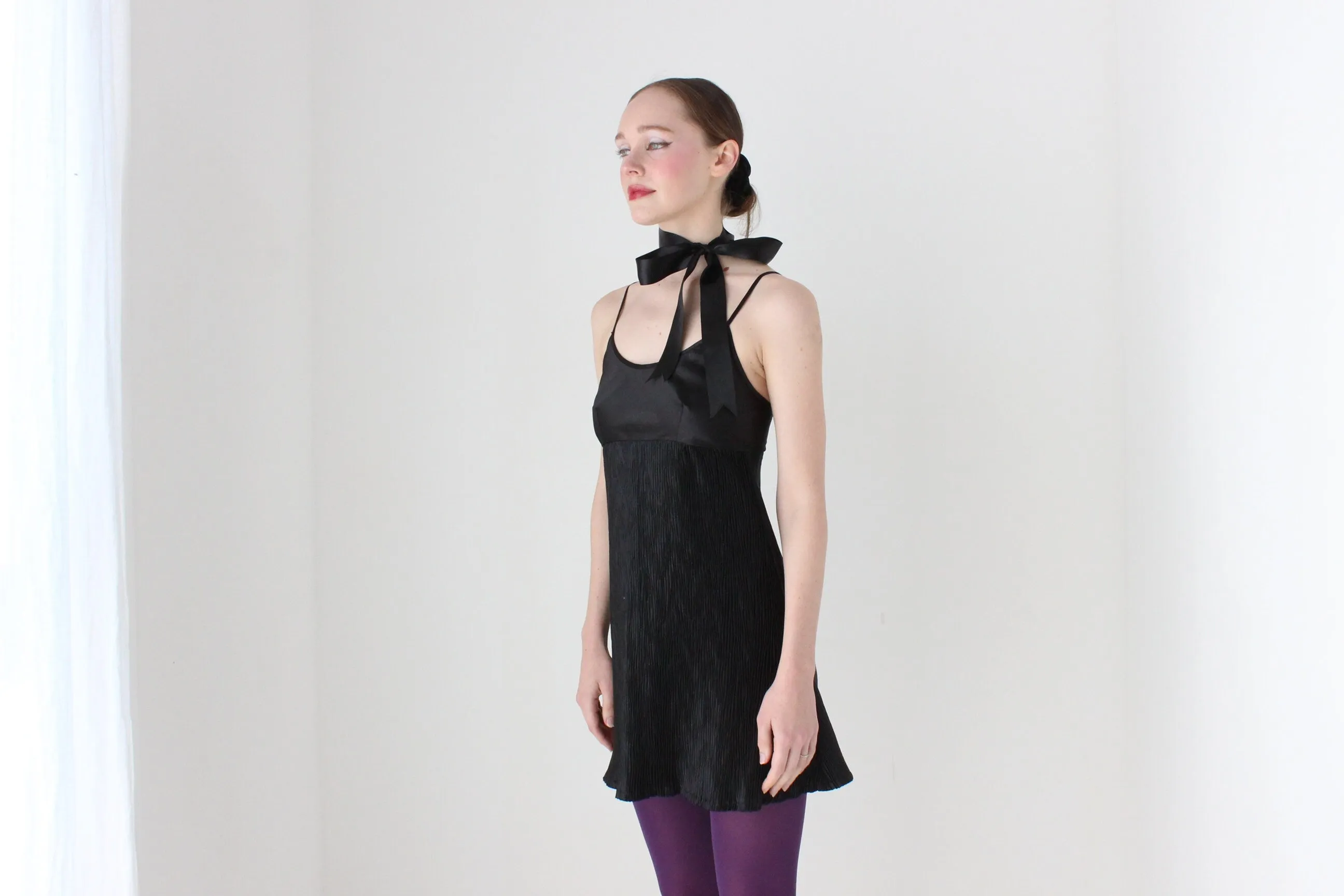 BALLETCORE 90s Black Satin Crinkle Pleat Slip Dress