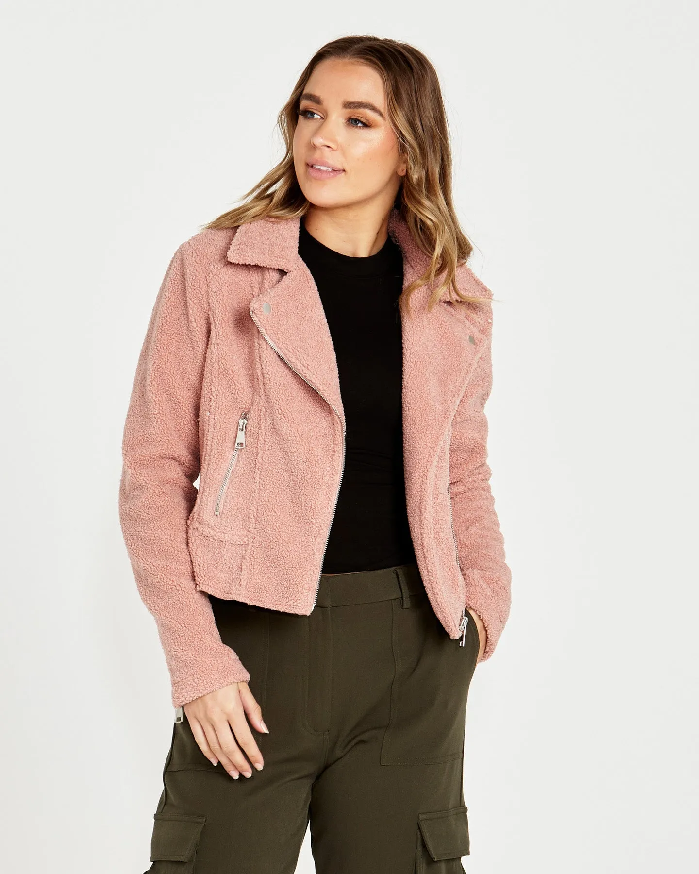 Bea Sherpa Cropped Biker Jacket - Blush Pink