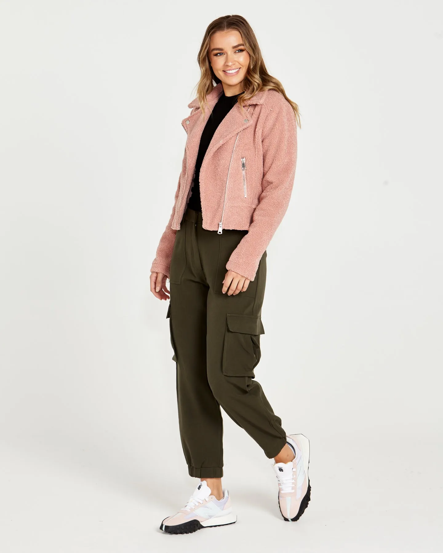 Bea Sherpa Cropped Biker Jacket - Blush Pink