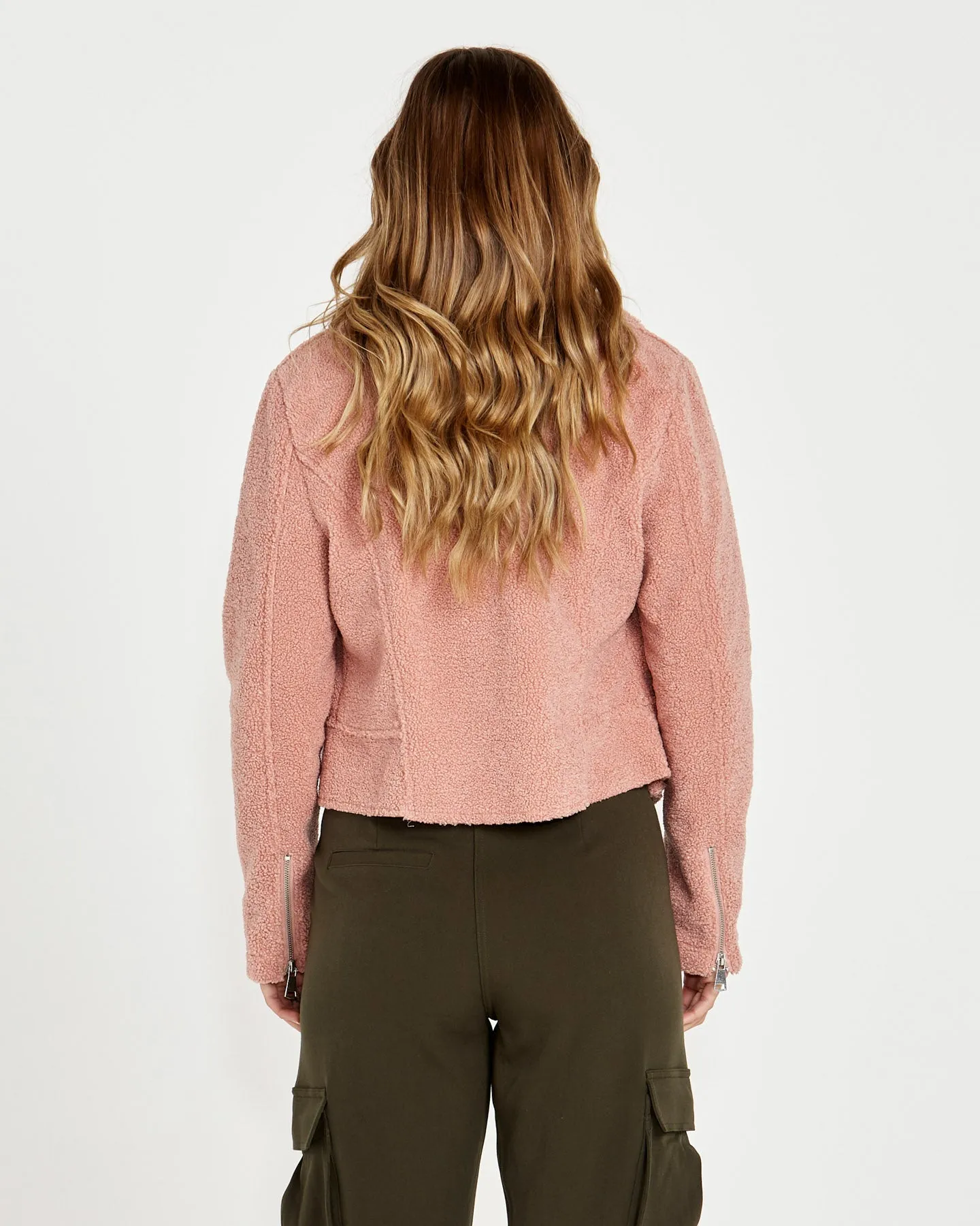 Bea Sherpa Cropped Biker Jacket - Blush Pink