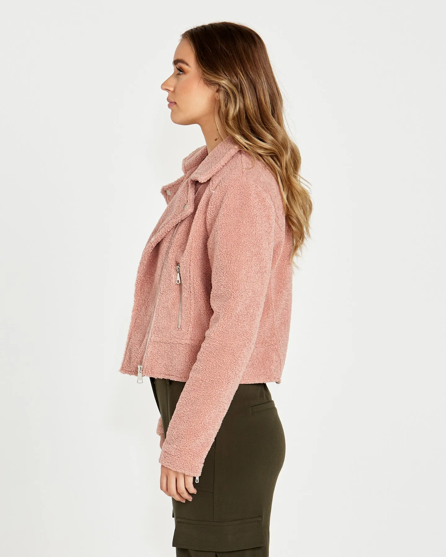 Bea Sherpa Cropped Biker Jacket - Blush Pink