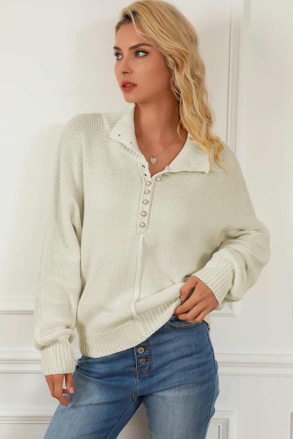 Beige Stand Collar Dolman Sleeve Sweater with Pearl Buttons