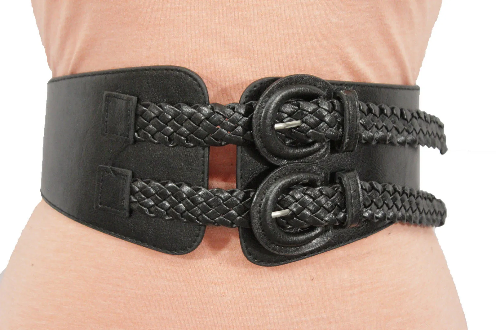 Black Faux Leather Stretch Back Band Belt Double Buckles Women Size S M L