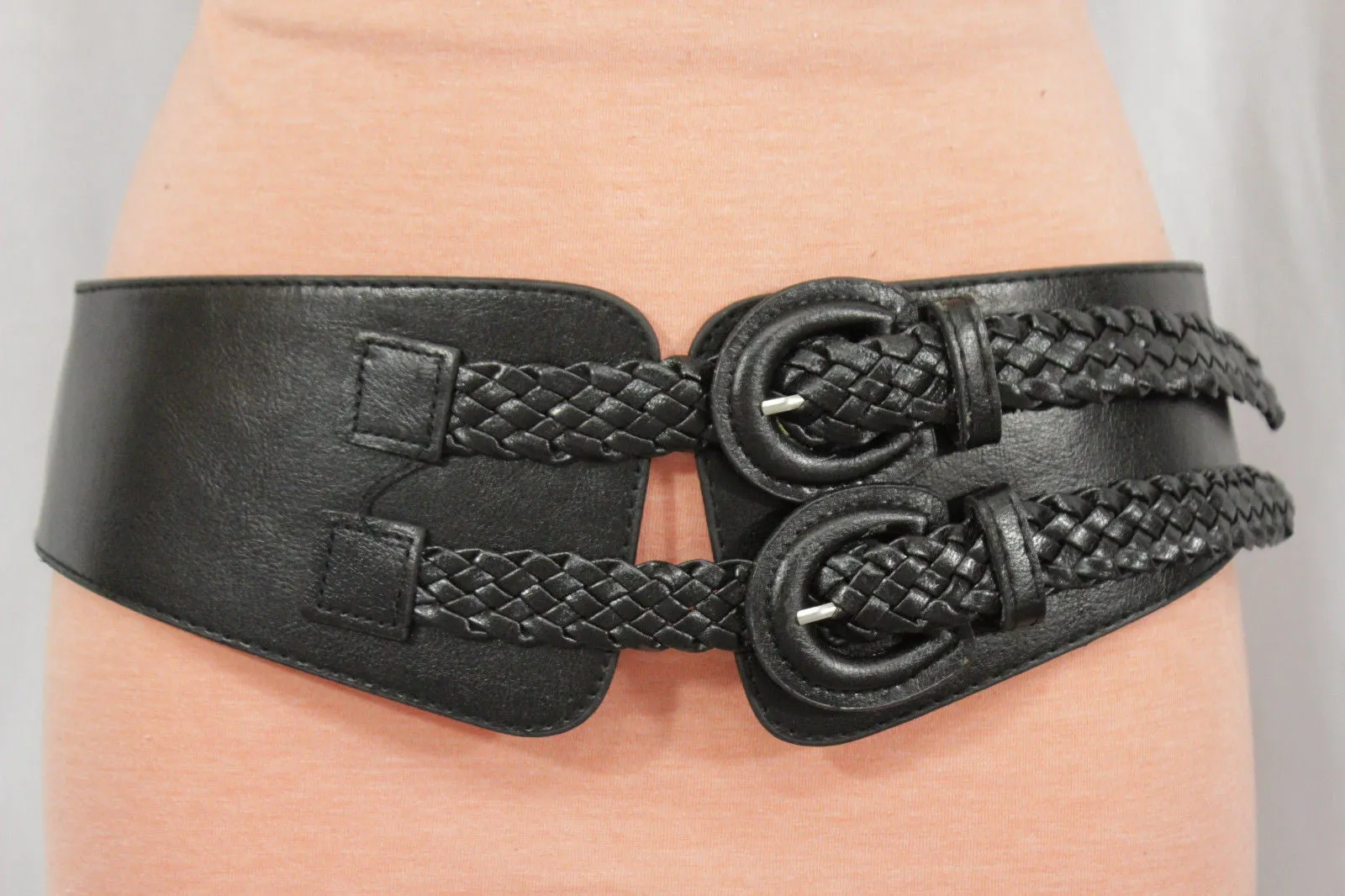 Black Faux Leather Stretch Back Band Belt Double Buckles Women Size S M L