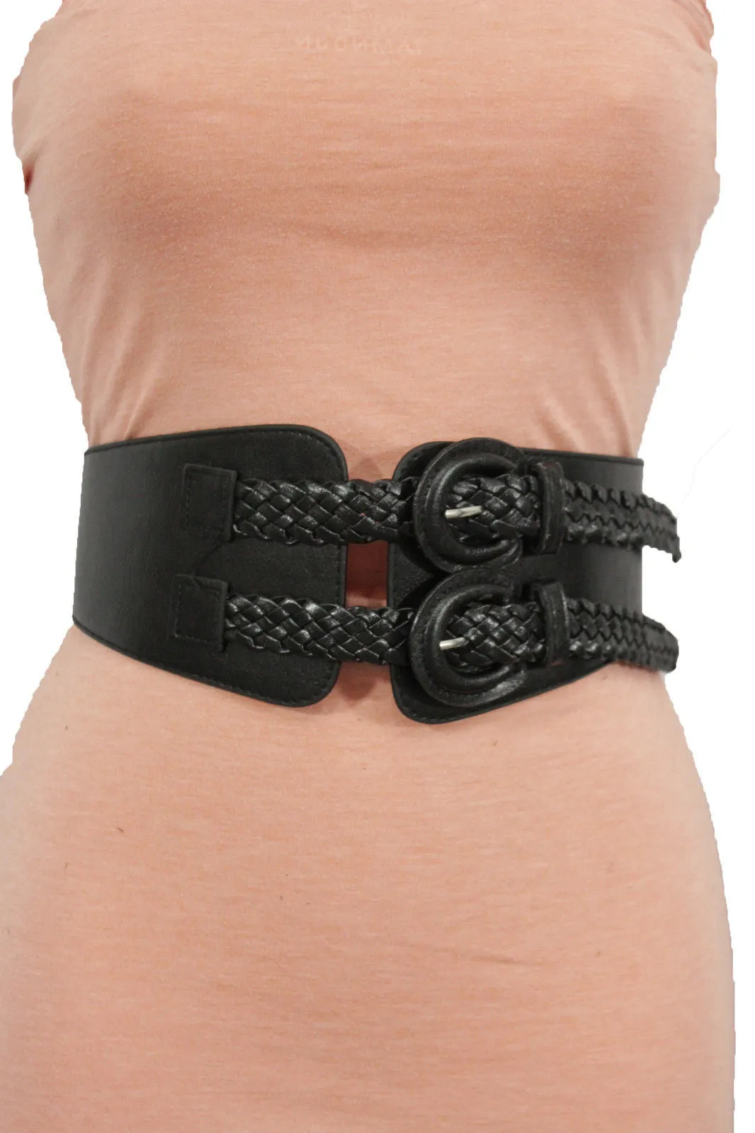 Black Faux Leather Stretch Back Band Belt Double Buckles Women Size S M L