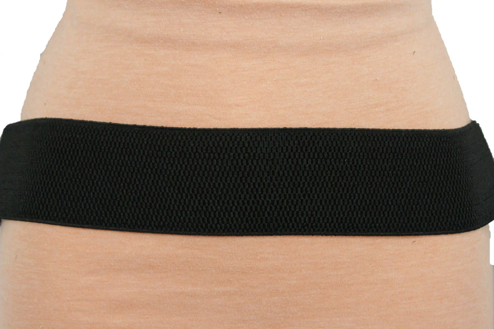 Black Faux Leather Stretch Back Band Belt Double Buckles Women Size S M L