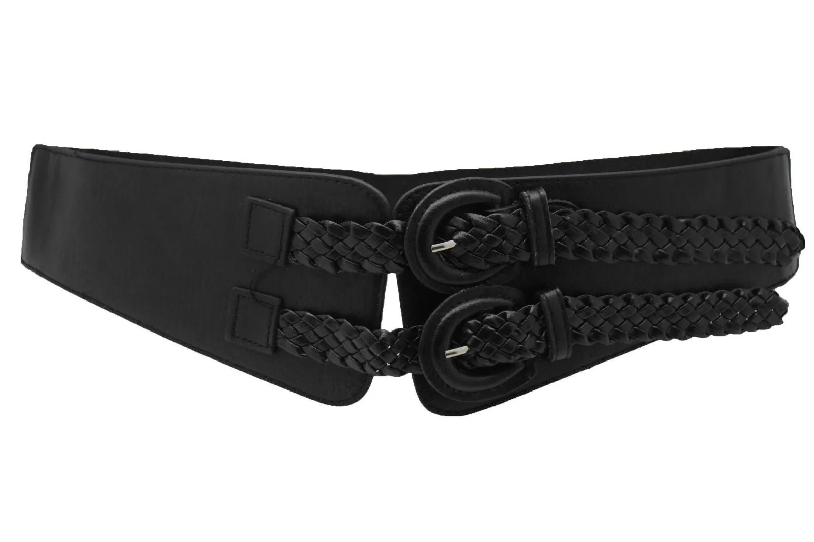 Black Faux Leather Stretch Back Band Belt Double Buckles Women Size S M L