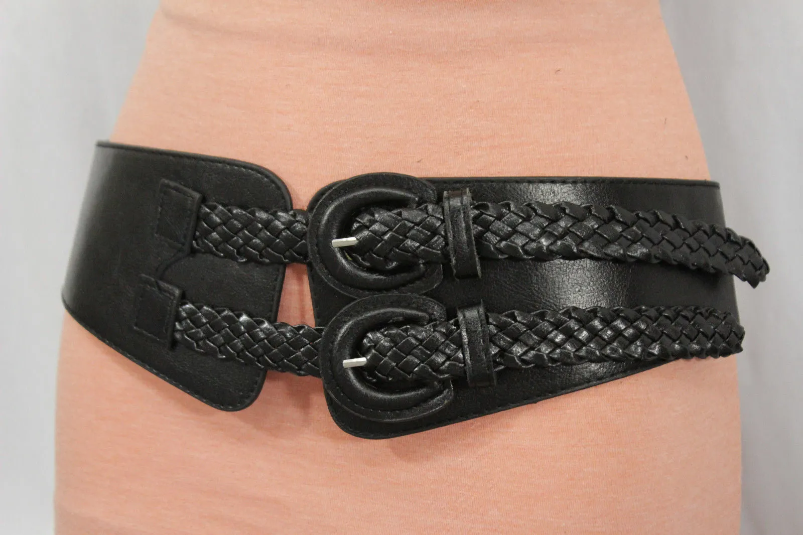 Black Faux Leather Stretch Back Band Belt Double Buckles Women Size S M L