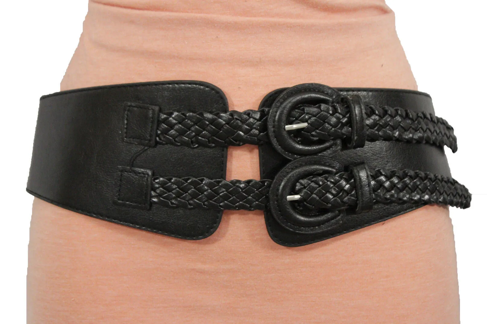 Black Faux Leather Stretch Back Band Belt Double Buckles Women Size S M L