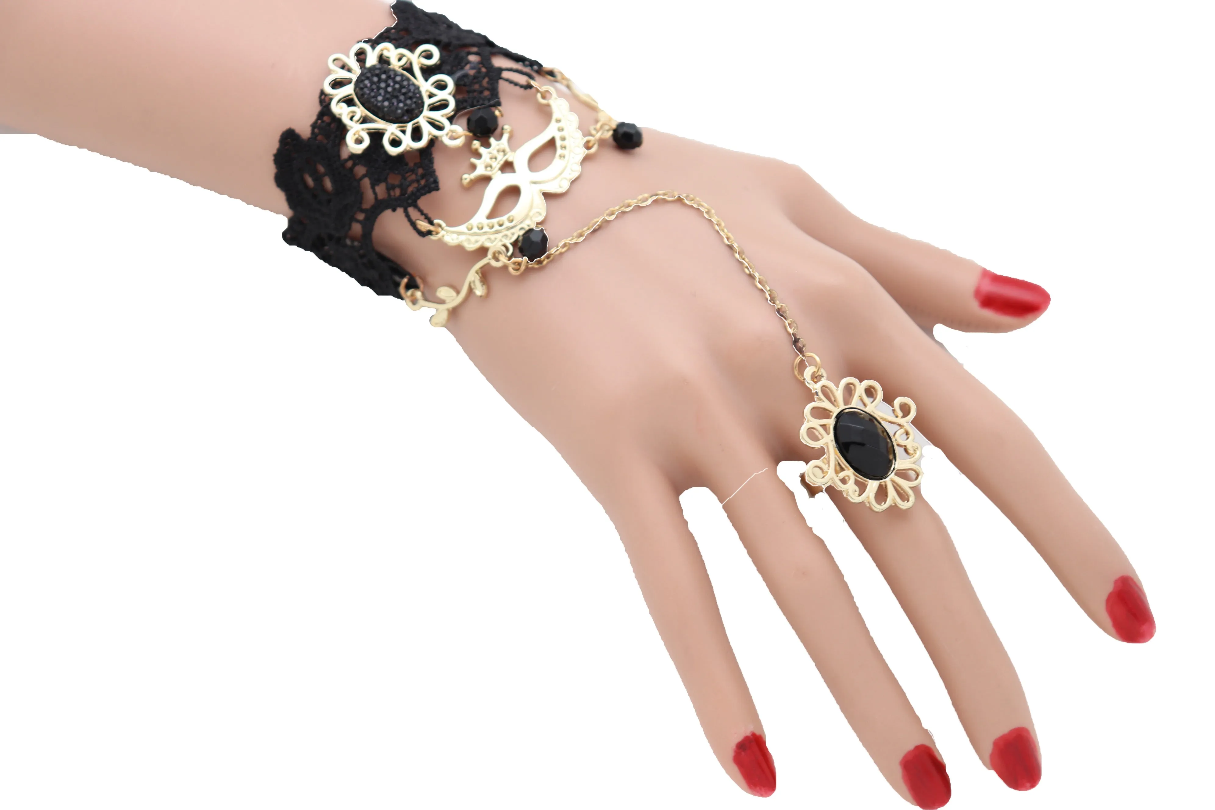 Black Lace & Gold Metal Masquerade Style Hand Chain