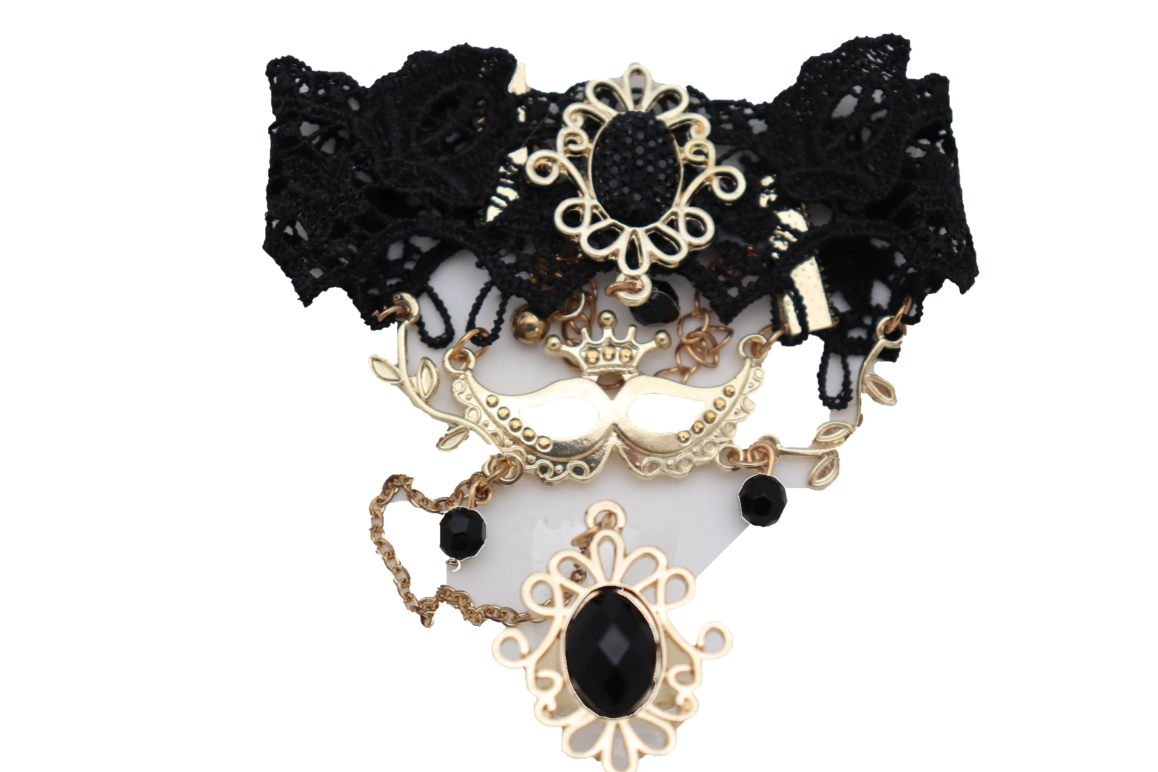 Black Lace & Gold Metal Masquerade Style Hand Chain