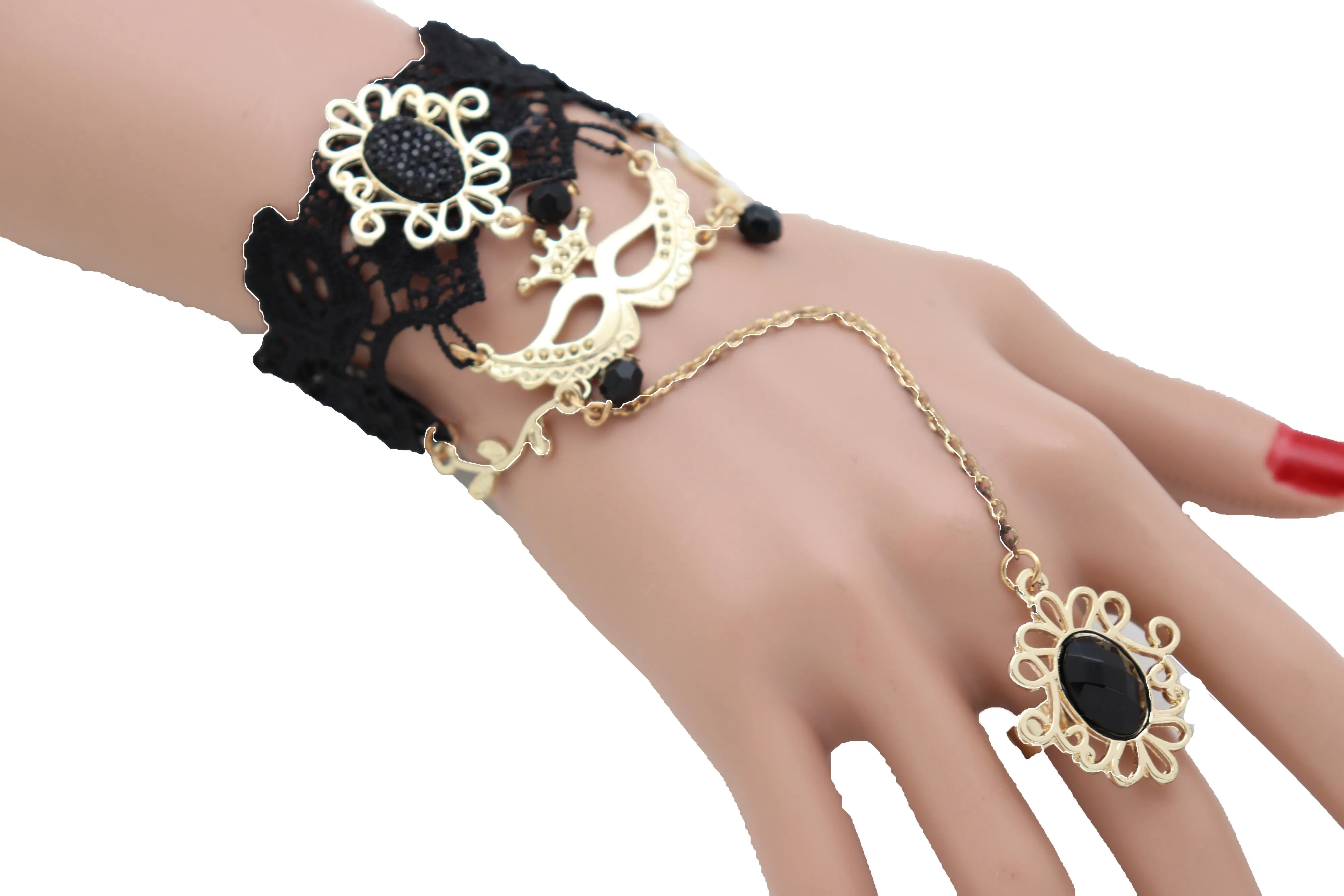 Black Lace & Gold Metal Masquerade Style Hand Chain