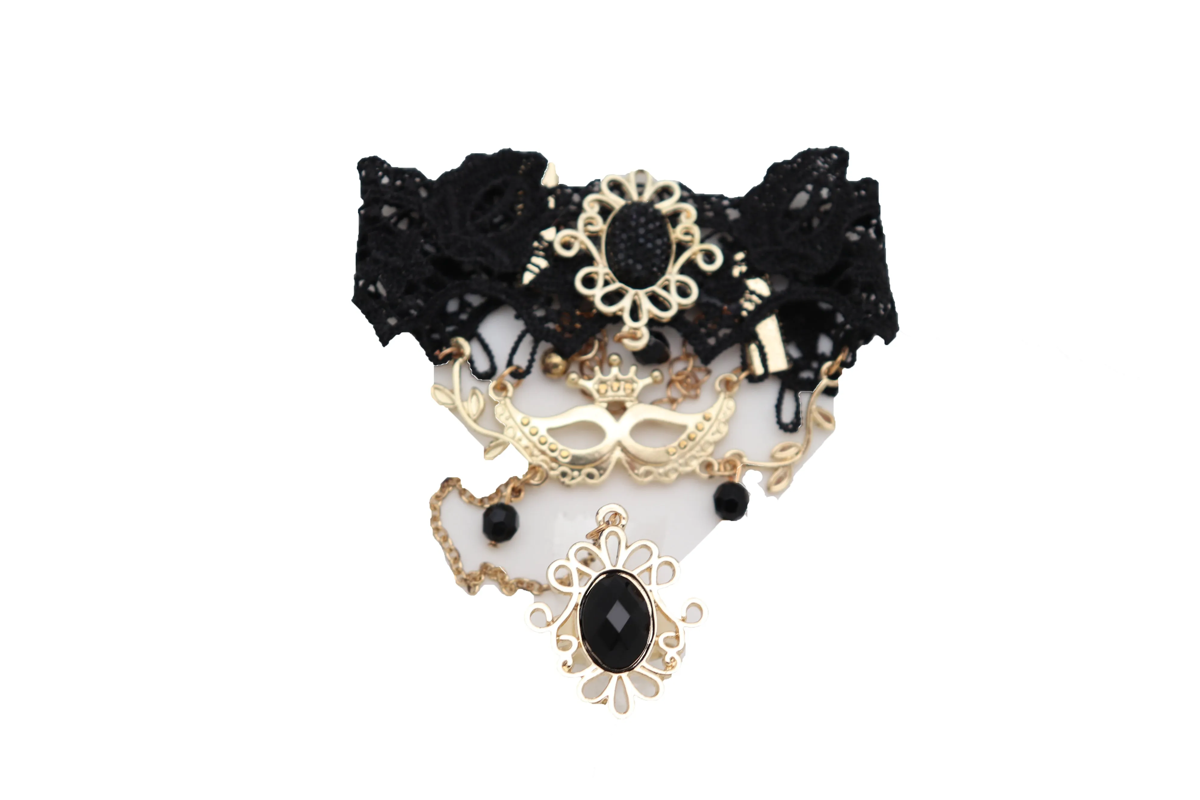 Black Lace & Gold Metal Masquerade Style Hand Chain