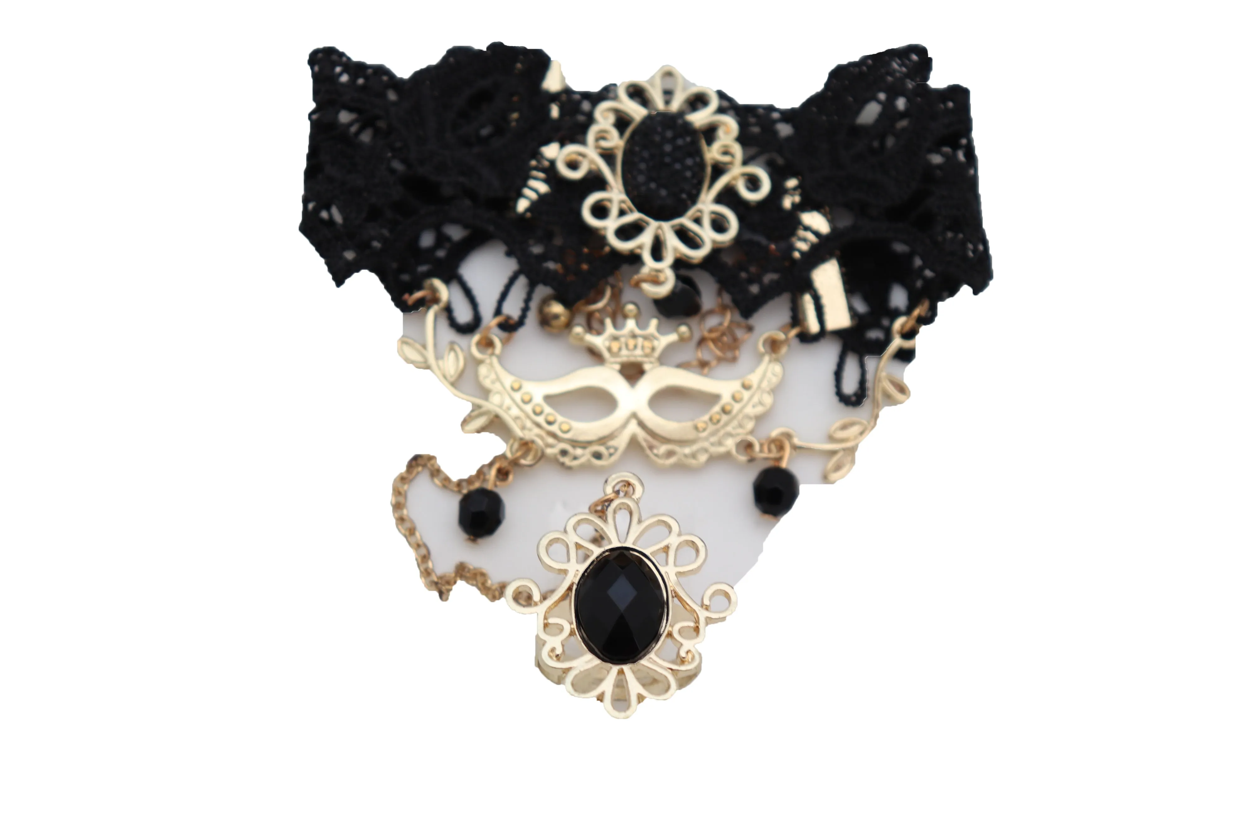 Black Lace & Gold Metal Masquerade Style Hand Chain