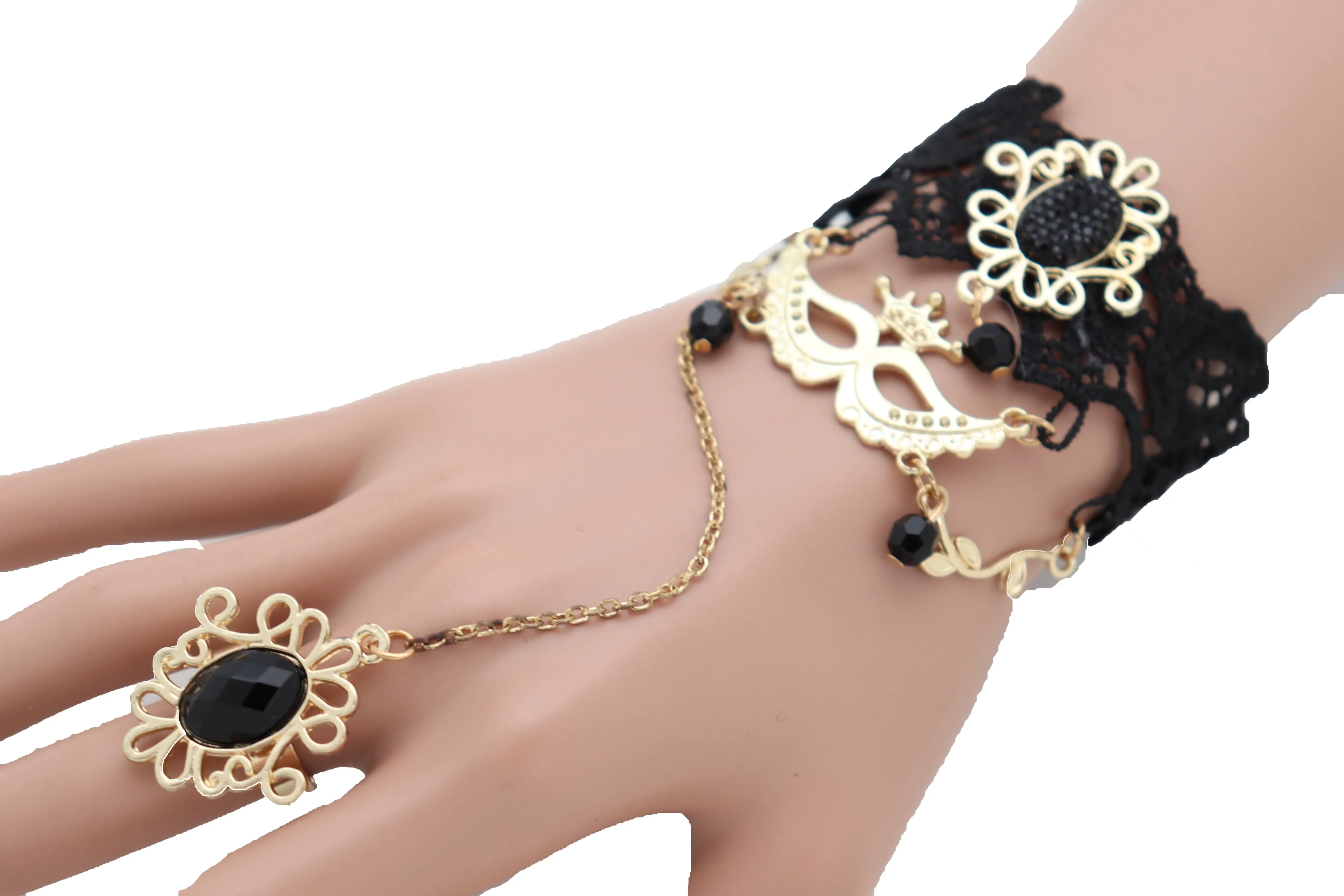 Black Lace & Gold Metal Masquerade Style Hand Chain