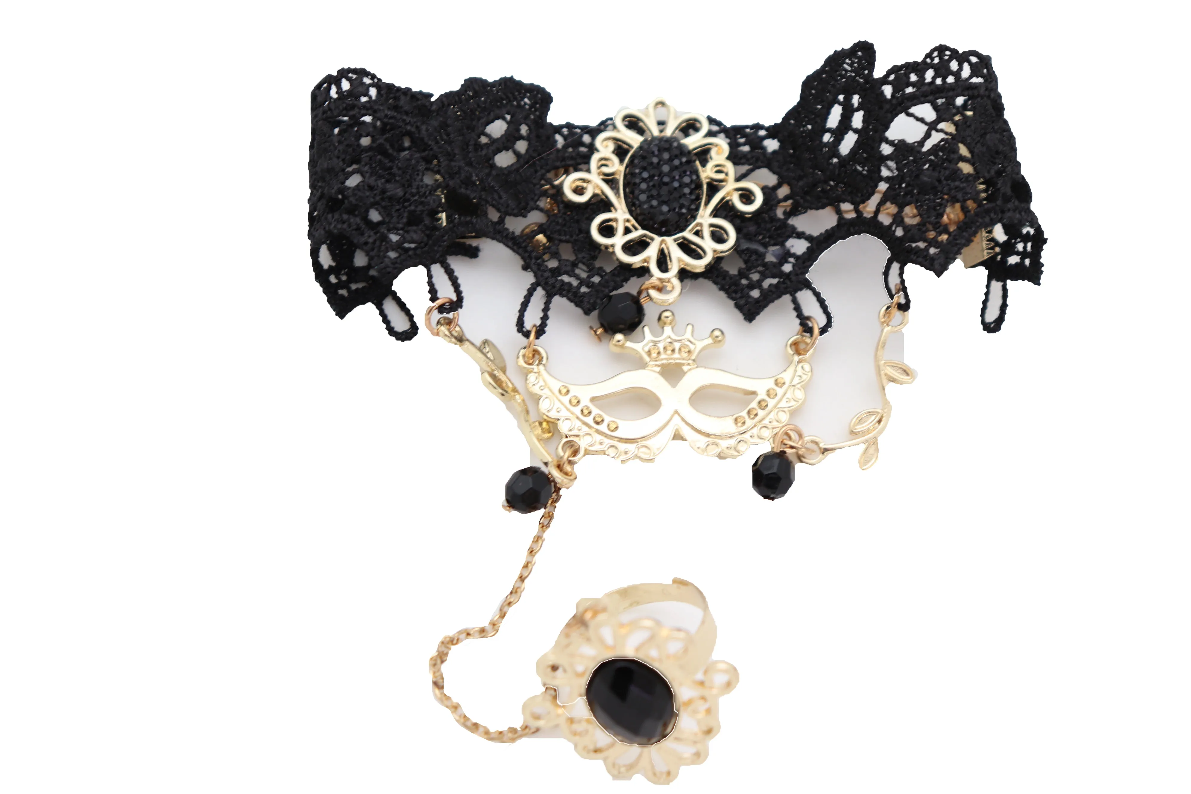 Black Lace & Gold Metal Masquerade Style Hand Chain