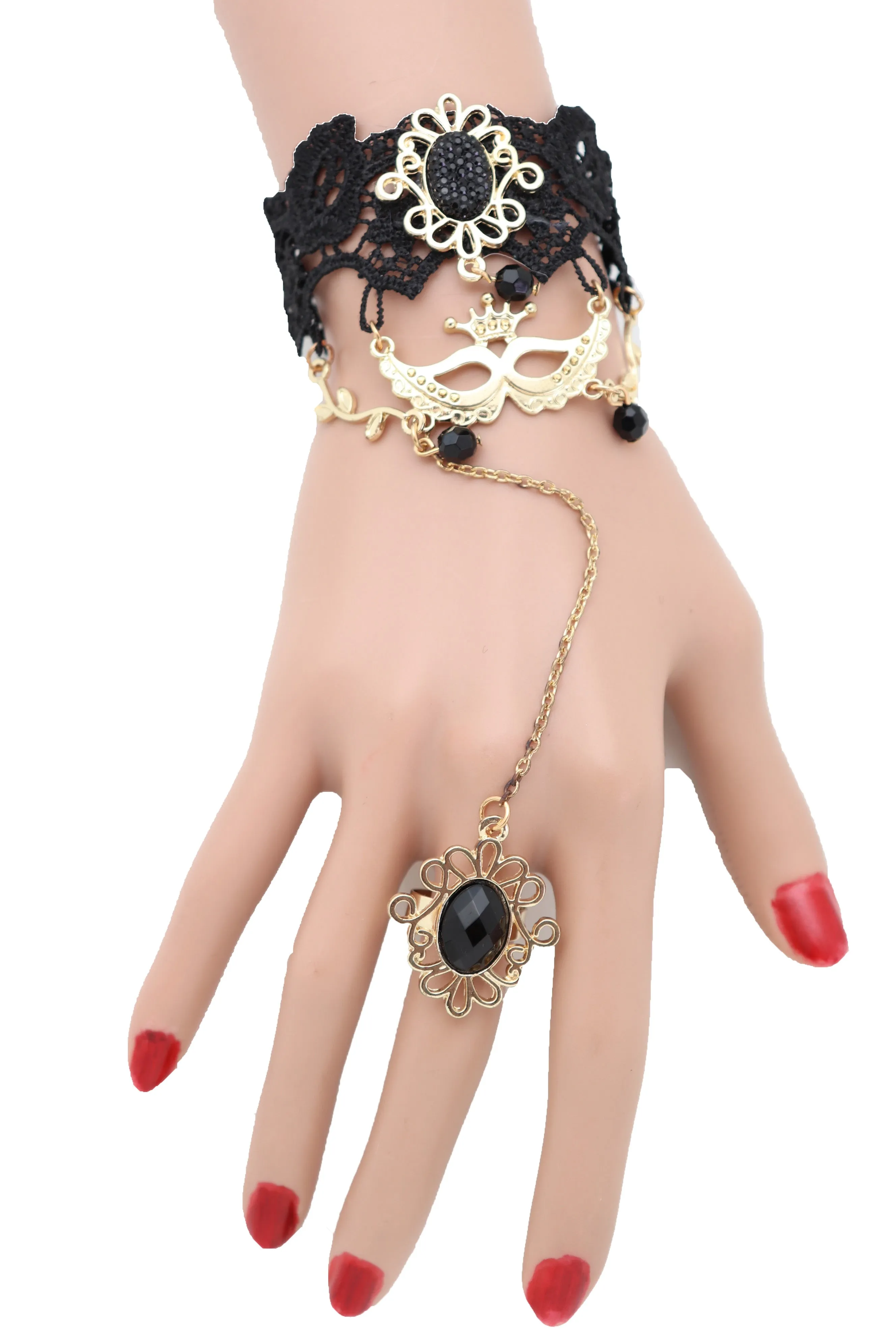 Black Lace & Gold Metal Masquerade Style Hand Chain