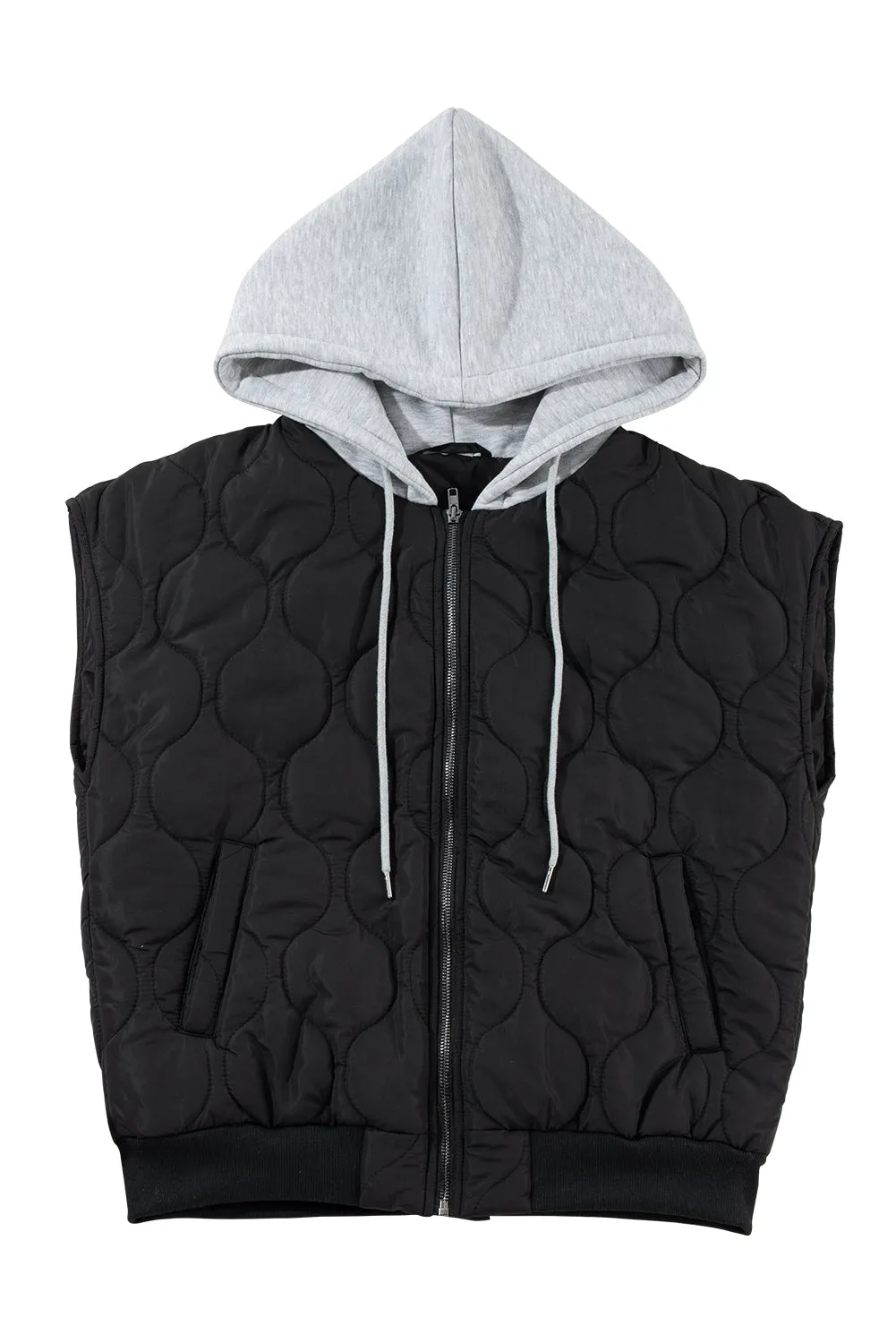 Black Quilted Drawstring Hooded Zip Up Puffer Vest