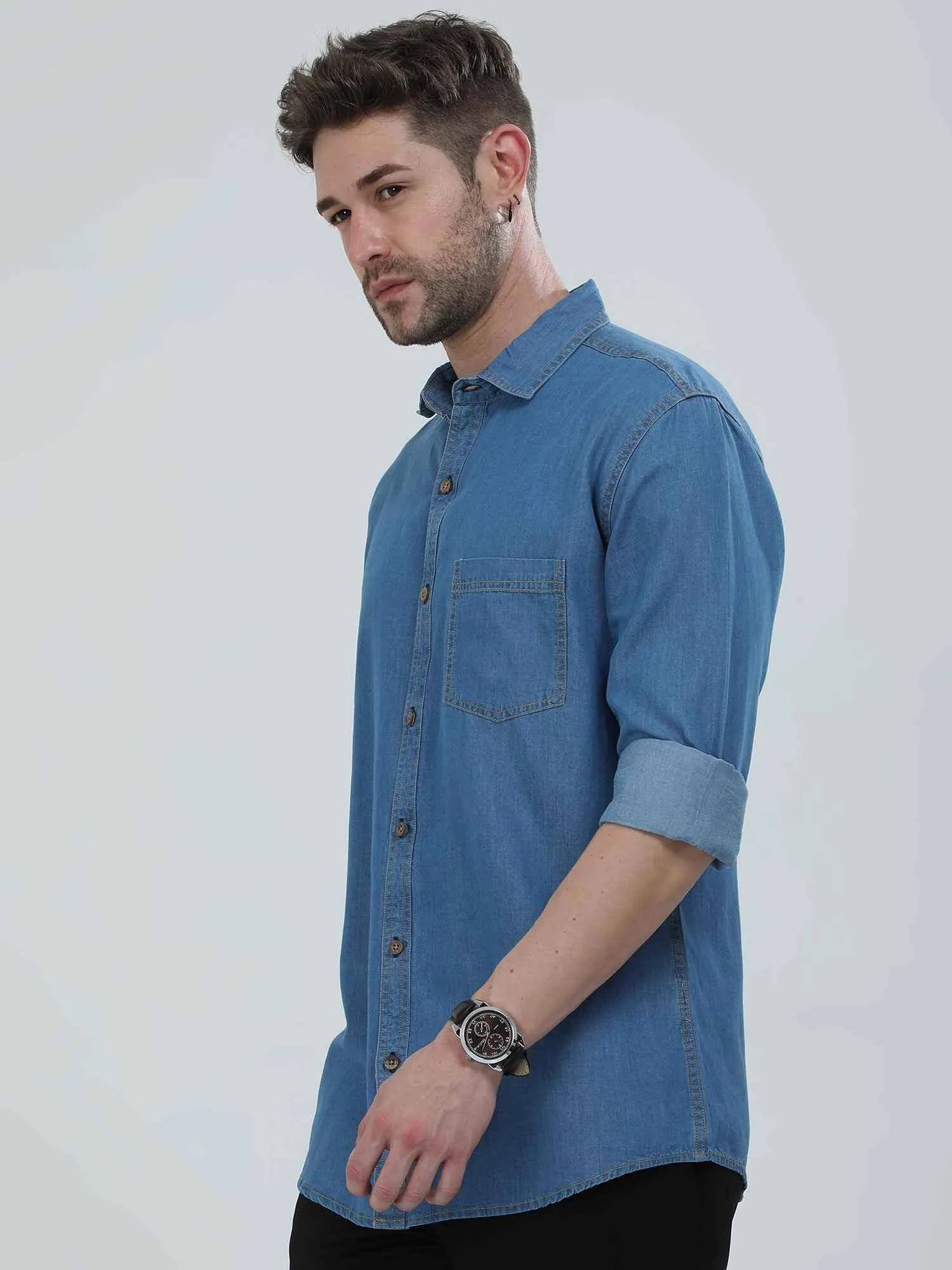 Blue Denim Single Pocket Full Sleeve Shirt