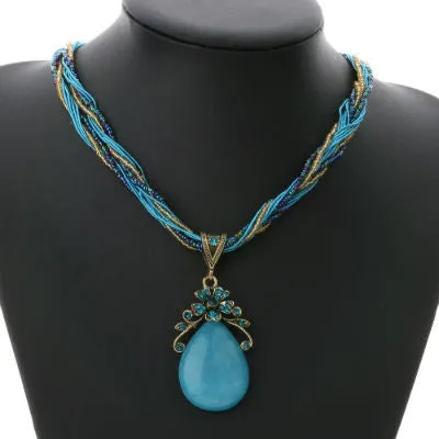 Bohemian Necklace Jewelry Fashion Popular Retro Bohemia Style Multilayer Beads Chain Crystal Gem Water Pendant Necklace