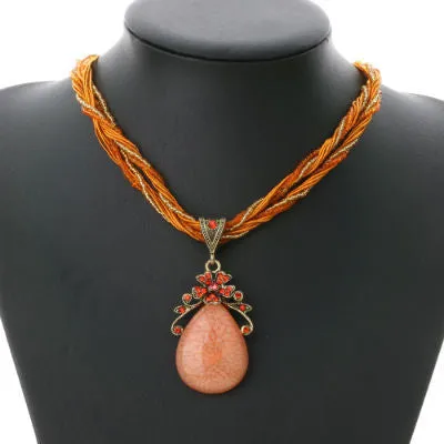 Bohemian Necklace Jewelry Fashion Popular Retro Bohemia Style Multilayer Beads Chain Crystal Gem Water Pendant Necklace