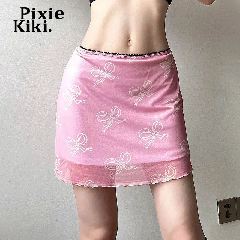 Bow Printed Mesh Skirt Pink Black Summer 2024 Women 2000’s Clothes Y2k Low Waist A Line Mini Skirts P84-BF25