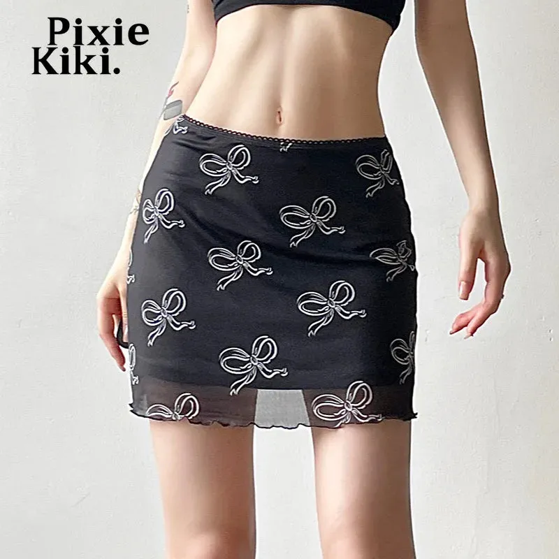 Bow Printed Mesh Skirt Pink Black Summer 2024 Women 2000’s Clothes Y2k Low Waist A Line Mini Skirts P84-BF25